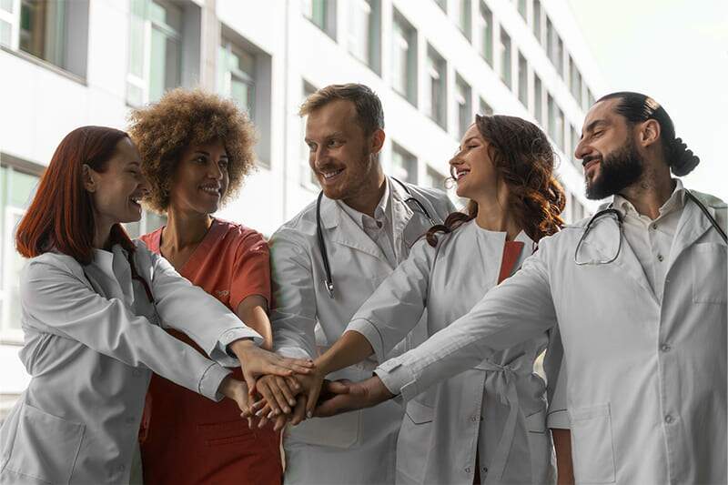 Contabilidade para profissionais da área da saúde - Imagem de médico, psicólogo, dentista, fisioterapueta, fonoaudiólogo juntando as mãos